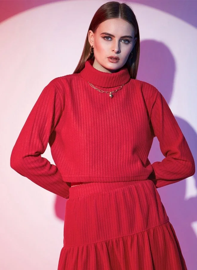 STREET 9 Red Turtle Neck Crop Top for Women